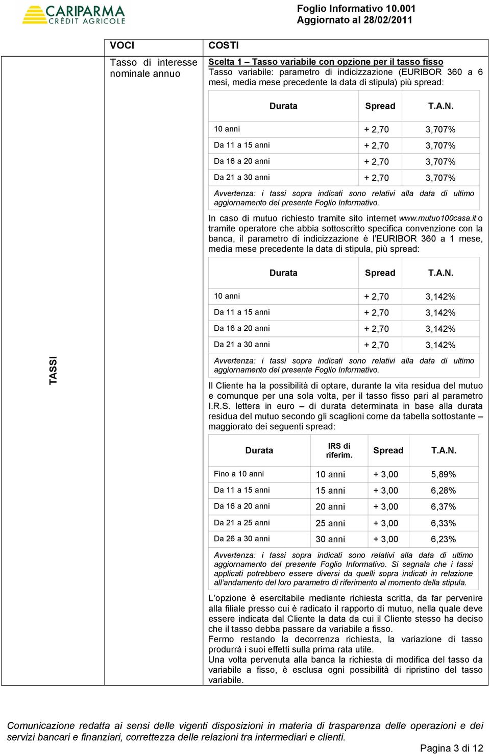 media mese precedente la data di stipula) più spread: Durata Spread T.A.N.