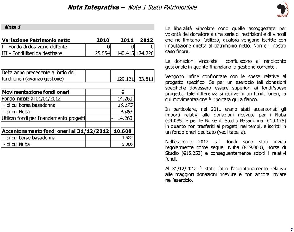 085 Utilizzo fondi per finanziamento progetti - 14.260 Accantonamento fondi oneri al 31/12/2012 10.608 - di cui borse basadonna 1.522 - di cui Nuba 9.