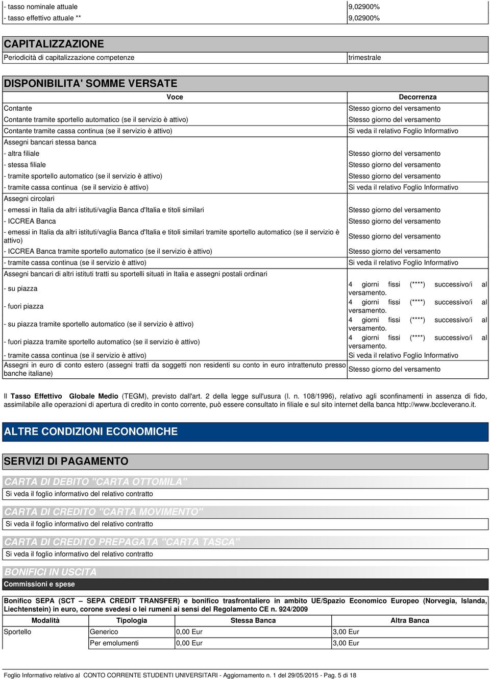 versamento Si veda il relativo Foglio Informativo - altra filiale Stesso giorno del versamento - stessa filiale Stesso giorno del versamento - tramite sportello automatico (se il servizio è attivo)