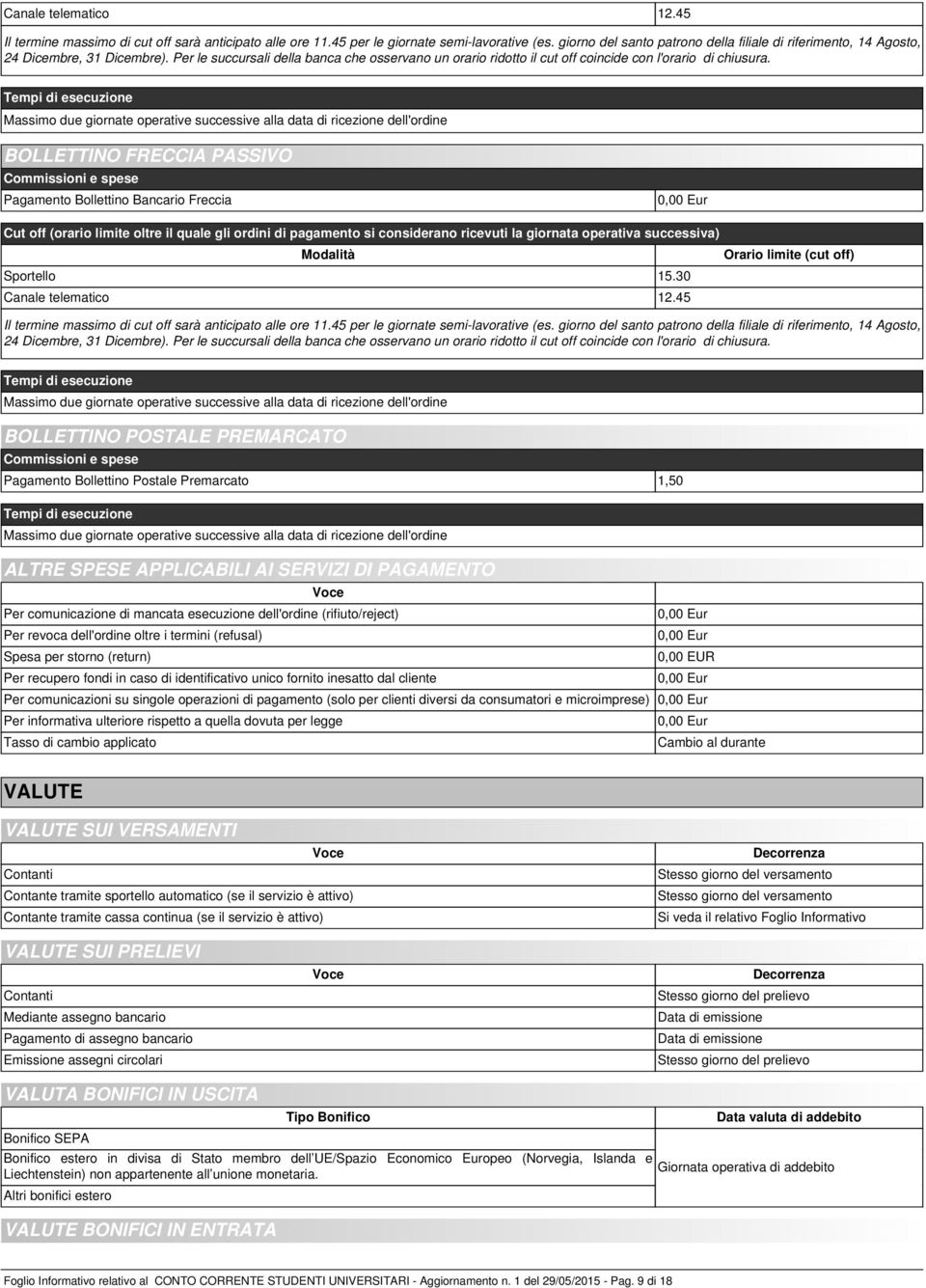 Tempi di esecuzione Massimo due giornate operative successive alla data di ricezione dell'ordine BOLLETTINO FRECCIA PASSIVO Commissioni e spese Pagamento Bollettino Bancario Freccia Cut off (orario