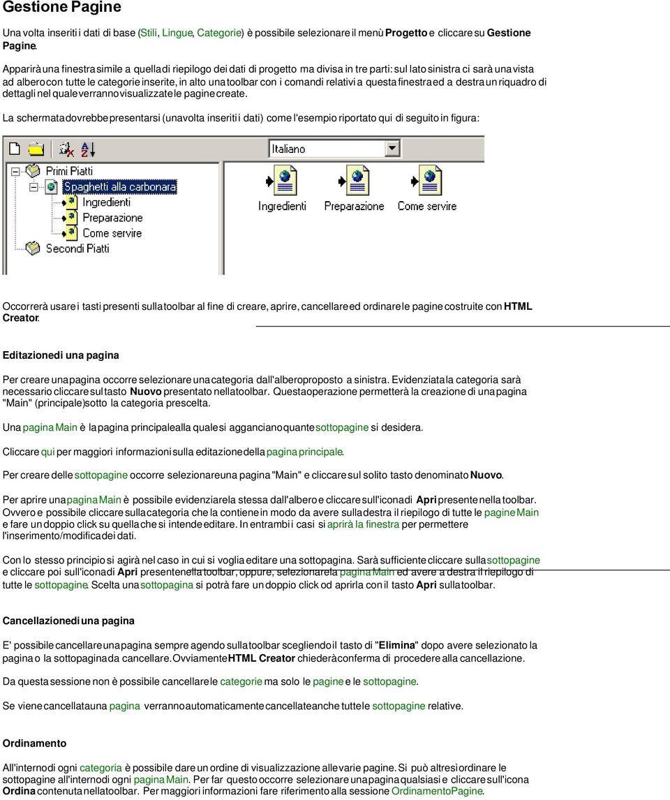 i comandi relativi a questa finestra ed a destra un riquadro di dettagli nel quale verranno visualizzate le pagine create.