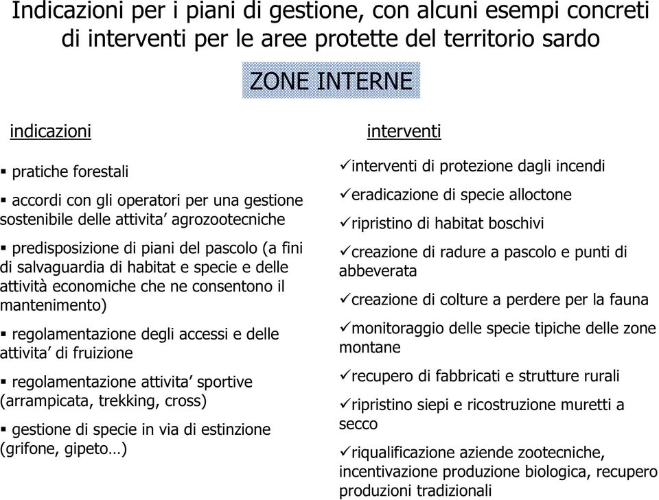 regolamentazione degli accessi e delle attivita di fruizione regolamentazione attivita sportive (arrampicata, trekking, cross) gestione di specie in via di estinzione (grifone, gipeto ) interventi