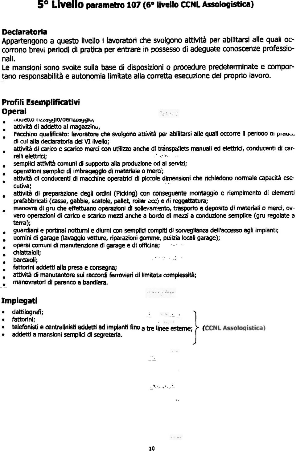 esecuzione del proprio lavoro Profili IEsemplificativi Operai -- -- attività di addetto al magazzino; Facchino qualificato: lavoratore d1e svolgono attività per abllitarsi alle quali occorre i1