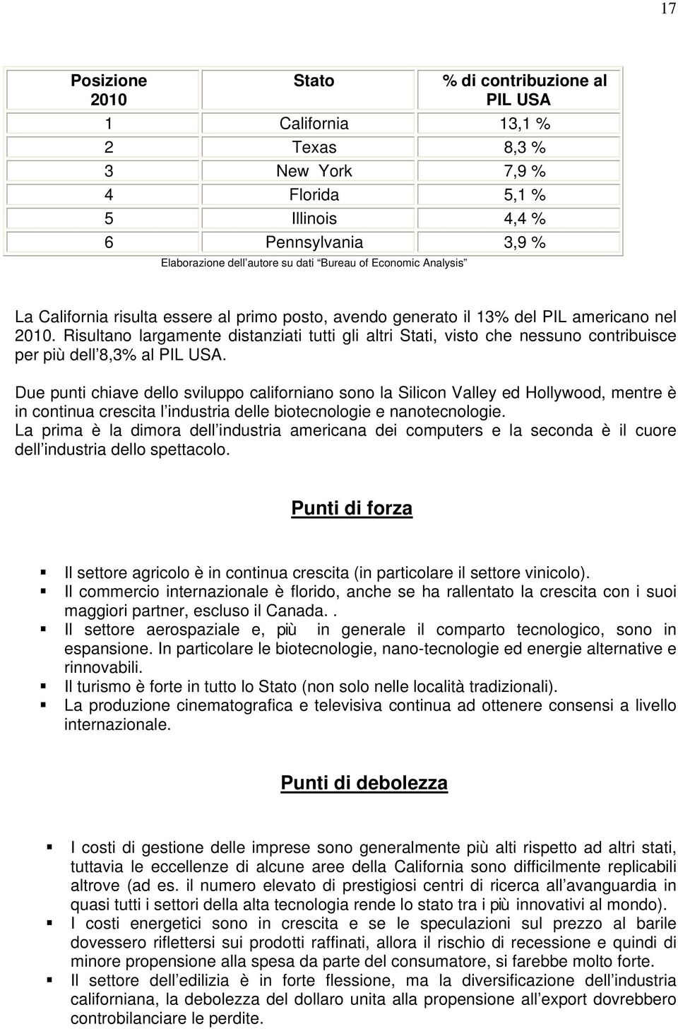 Risultano largamente distanziati tutti gli altri Stati, visto che nessuno contribuisce per più dell 8,3% al PIL USA.