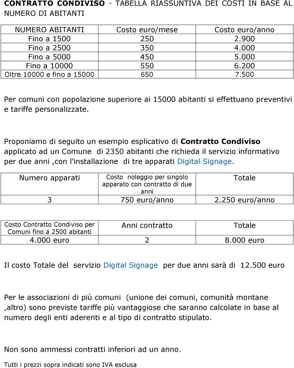 Proponiamo di seguito un esempio esplicativo di Contratto Condiviso applicato ad un Comune di 2350 abitanti che richieda il servizio informativo per due anni,con l installazione di tre apparati