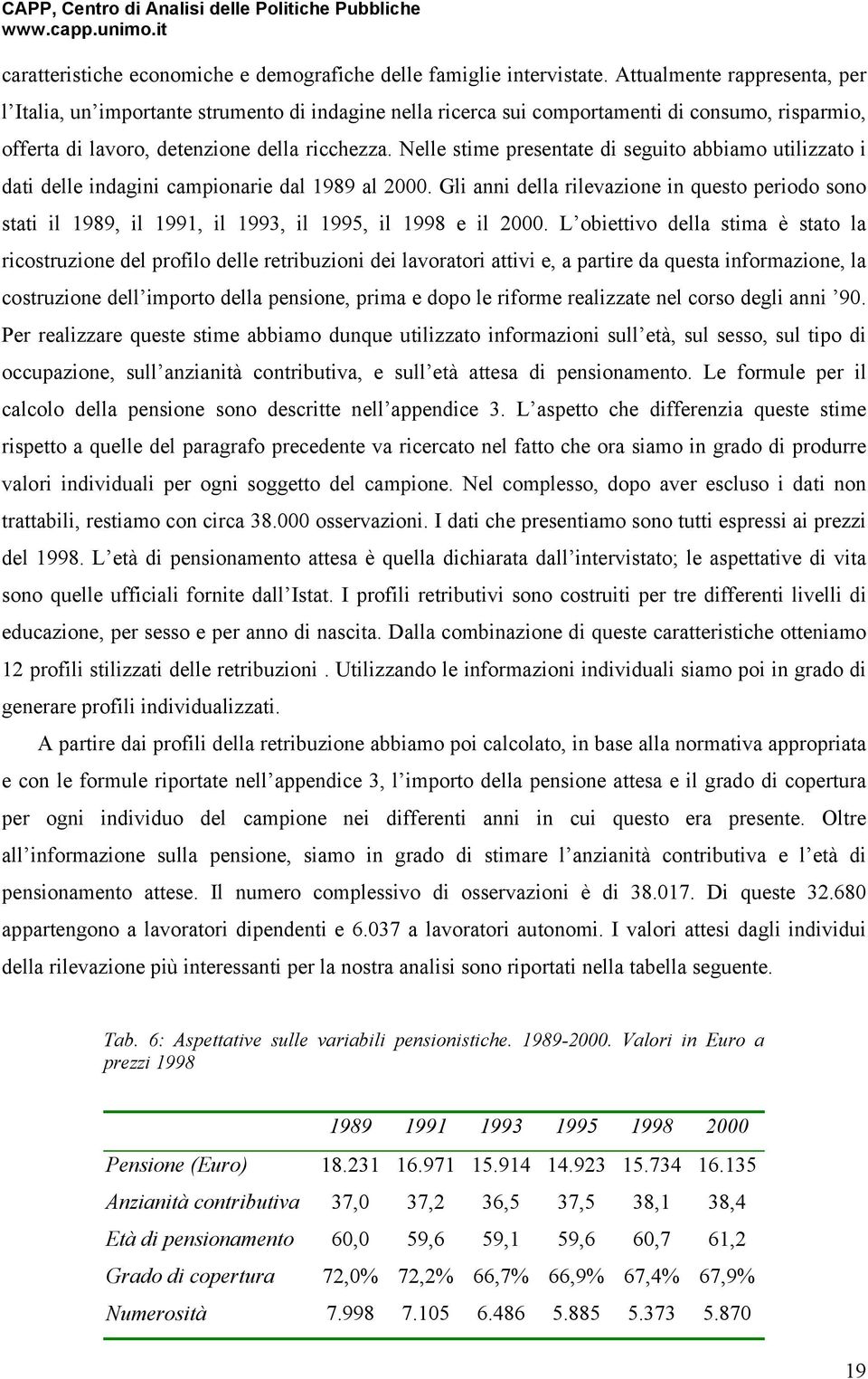 Nelle stme presentate d seguto abbamo utlzzato dat delle ndagn camponare dal 1989 al 2000. Gl ann della rlevazone n questo perodo sono stat l 1989, l 1991, l 1993, l 1995, l 1998 e l 2000.