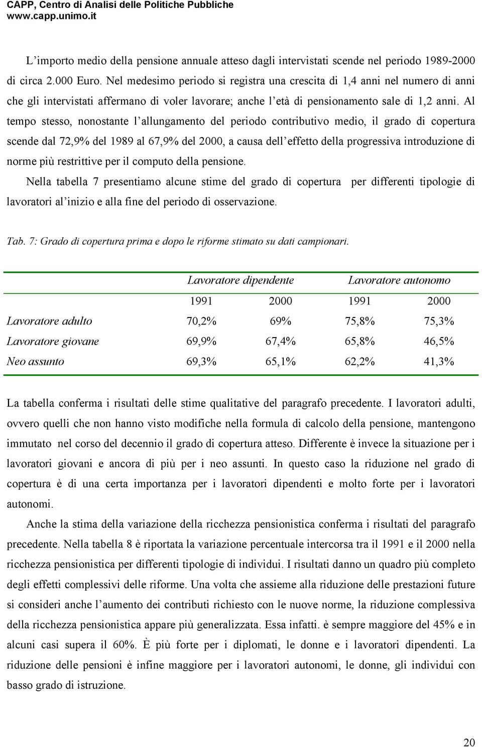 Al tempo stesso, nonostante l allungamento del perodo contrbutvo medo, l grado d copertura scende dal 72,9% del 1989 al 67,9% del 2000, a causa dell effetto della progressva ntroduzone d norme pù