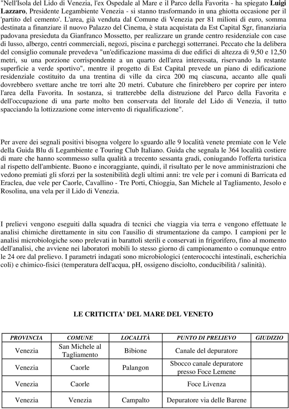 L'area, già venduta dal Comune di per 81 milioni di euro, somma destinata a finanziare il nuovo Palazzo del Cinema, è stata acquistata da Est Capital Sgr, finanziaria padovana presieduta da