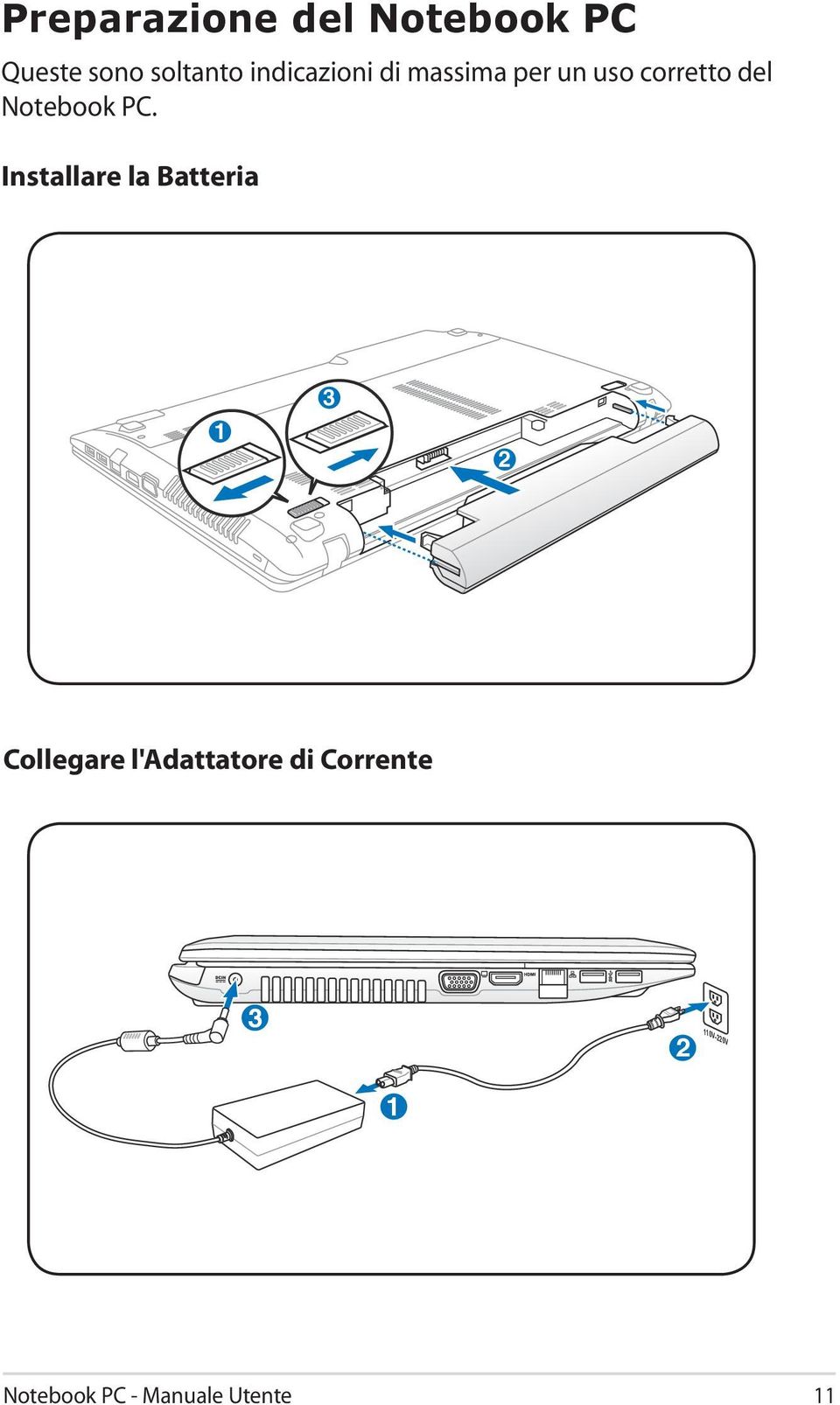 PC. Installare la Batteria 1 3 1 3 2 Collegare