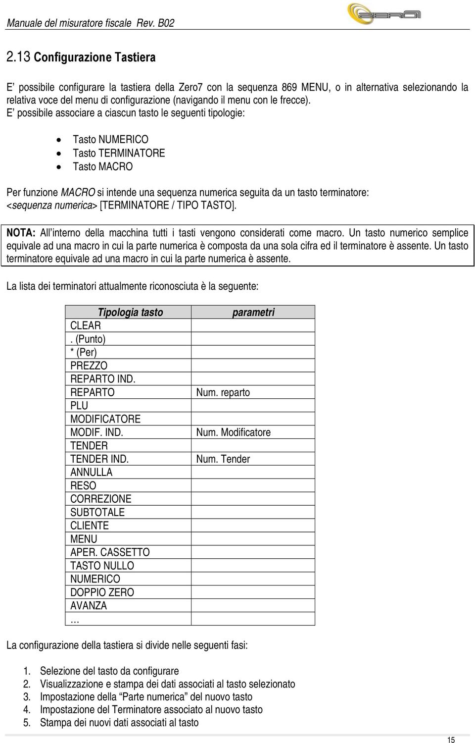 E possibile associare a ciascun tasto le seguenti tipologie: Tasto NUMERICO Tasto TERMINATORE Tasto MACRO Per funzione MACRO si intende una sequenza numerica seguita da un tasto terminatore: