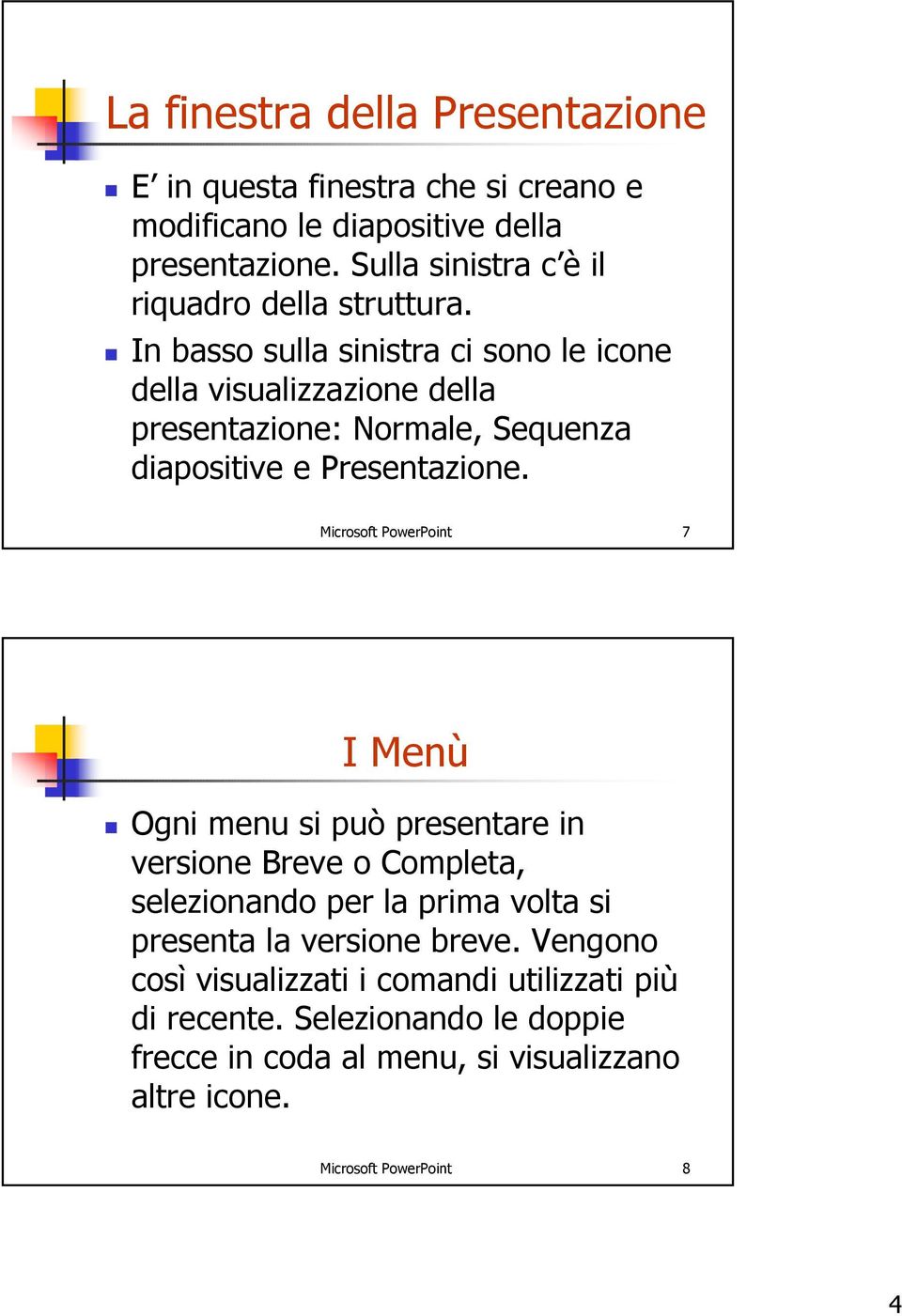 In basso sulla sinistra ci sono le icone della visualizzazione della presentazione: Normale, Sequenza diapositive e Presentazione.