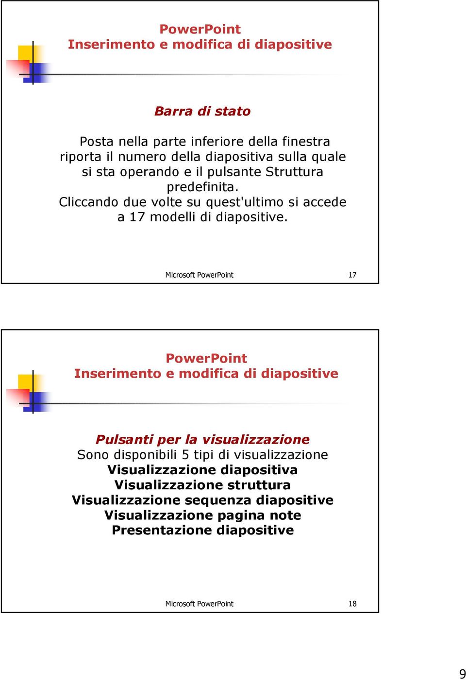 Microsoft 17 Pulsanti per la visualizzazione Sono disponibili 5 tipi di visualizzazione Visualizzazione diapositiva