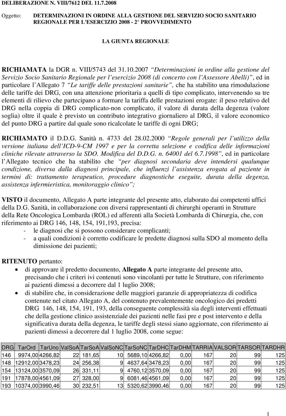 2007 Determinazioni in ordine alla gestione del Servizio Socio Sanitario Regionale per l esercizio 2008 (di concerto con l Assessore Abelli), ed in particolare l Allegato 7 Le tariffe delle