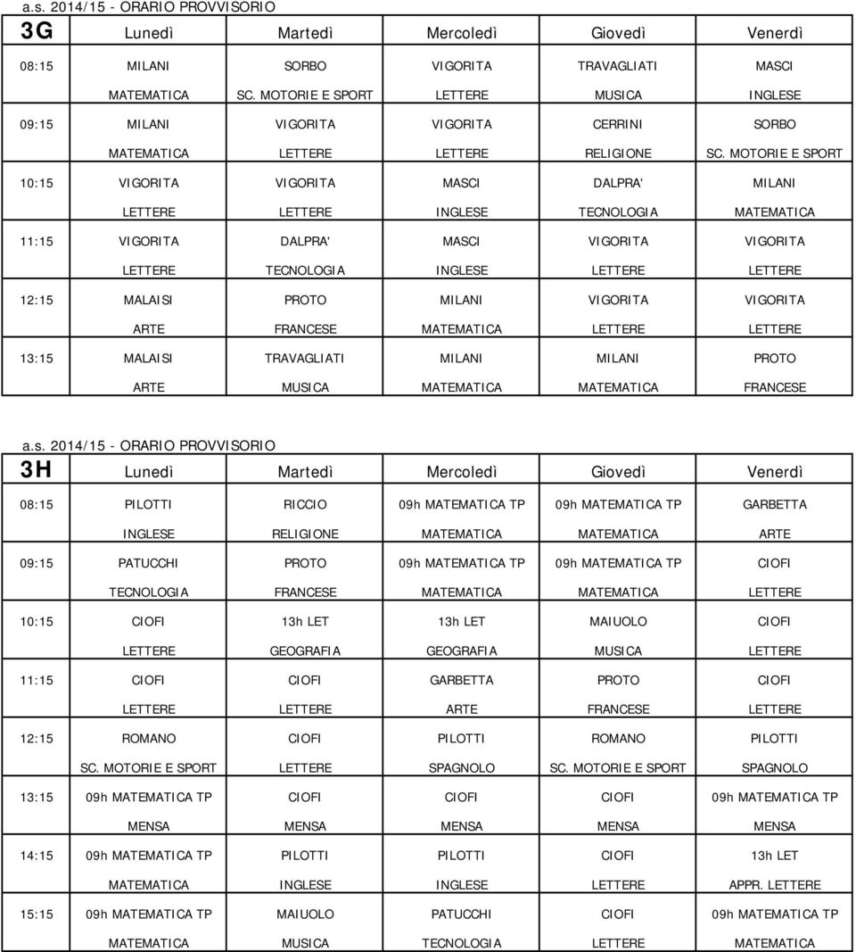 MOTORIE E SPORT 10:15 VIGORITA VIGORITA MASCI DALPRA' MILANI LETTERE LETTERE INGLESE TECNOLOGIA MATEMATICA 11:15 VIGORITA DALPRA' MASCI VIGORITA VIGORITA LETTERE TECNOLOGIA INGLESE LETTERE LETTERE