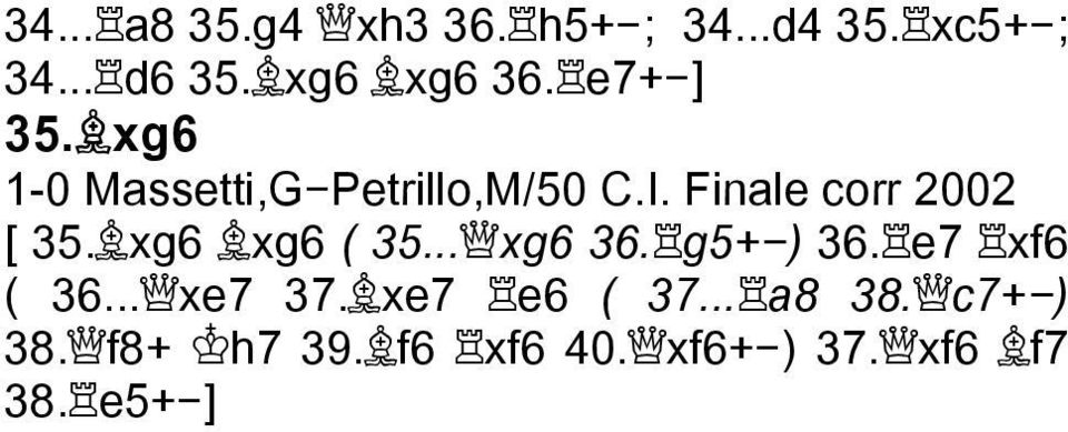 Finale corr 2002 [ 35. xg6 xg6 ( 35... xg6 36. g5+ ) 36. e7 xf6 ( 36.
