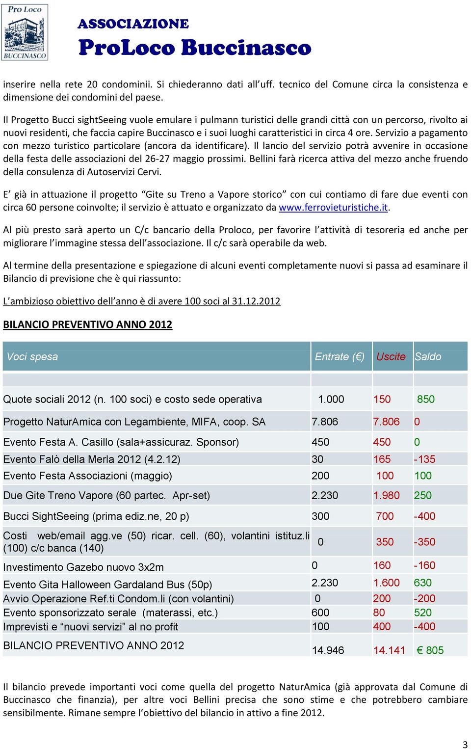 ore. Servizio a pagamento con mezzo turistico particolare (ancora da identificare). Il lancio del servizio potrà avvenire in occasione della festa delle associazioni del 26-27 maggio prossimi.