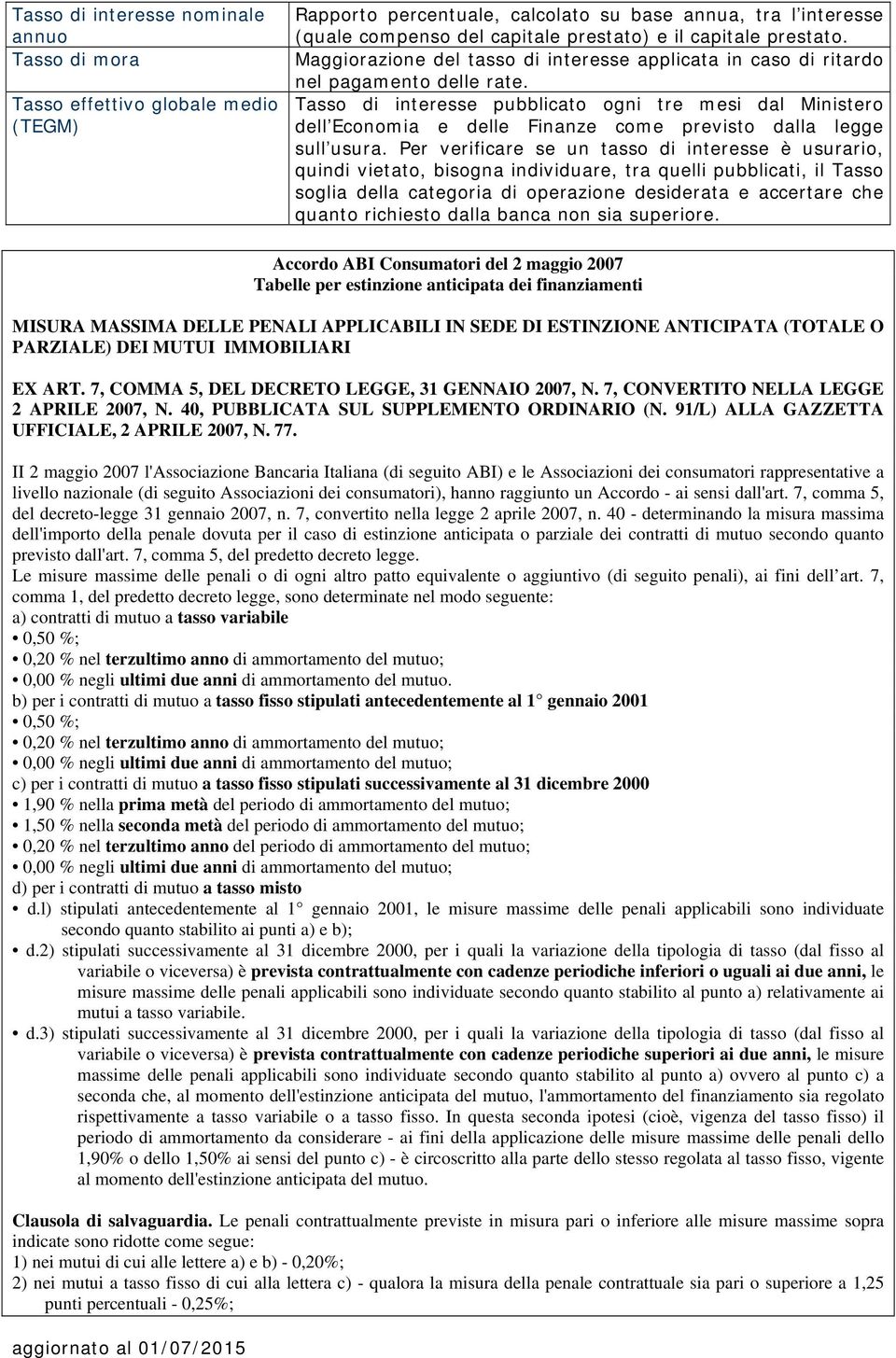 Tasso di interesse pubblicato ogni tre mesi dal Ministero dell Economia e delle Finanze come previsto dalla legge sull usura.