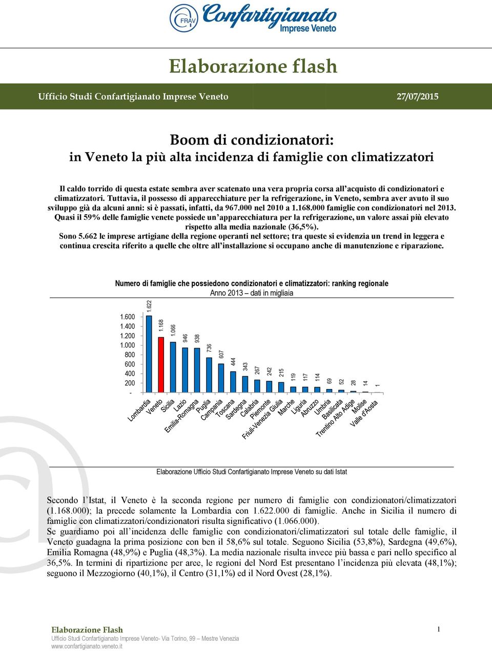 climatizzatori. Tuttavia, il possesso di apparecchiature per la refrigerazione, in Veneto, sembra aver avuto il suo sviluppo già da alcuni anni: si è passati, infatti, da 967.000 nel 2010 a 1.168.