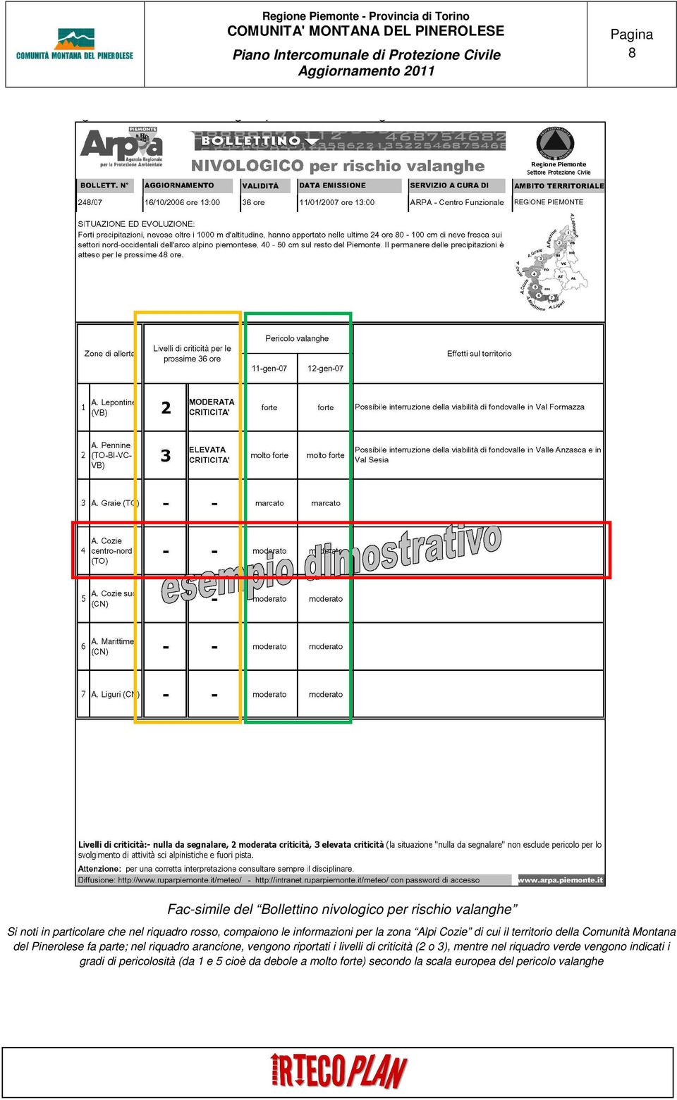 parte; nel riquadro arancione, vengono riportati i livelli di criticità (2 o 3), mentre nel riquadro verde