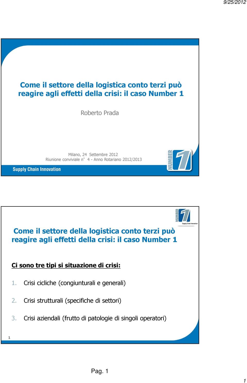 reagire agli effetti della crisi: il caso Number 1 Ci sono tre tipi si situazione di crisi: 1.