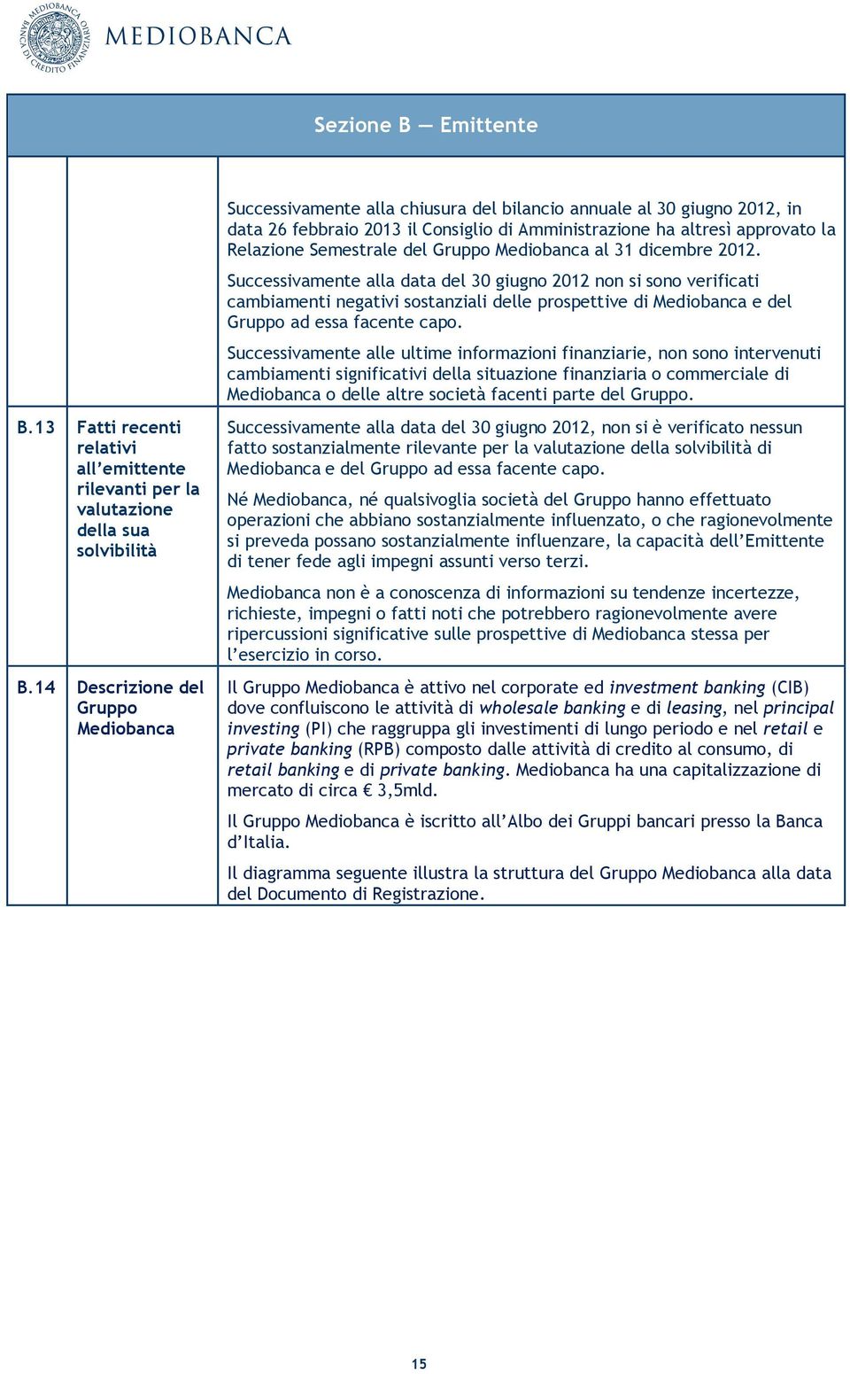 Semestrale del Gruppo Mediobanca al 31 dicembre 2012.