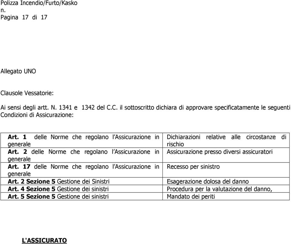 17 delle Norme che regolano l Assicurazione in generale Art. 2 Sezione 5 Gestione dei Sinistri Art. 4 Sezione 5 Gestione dei sinistri Art.