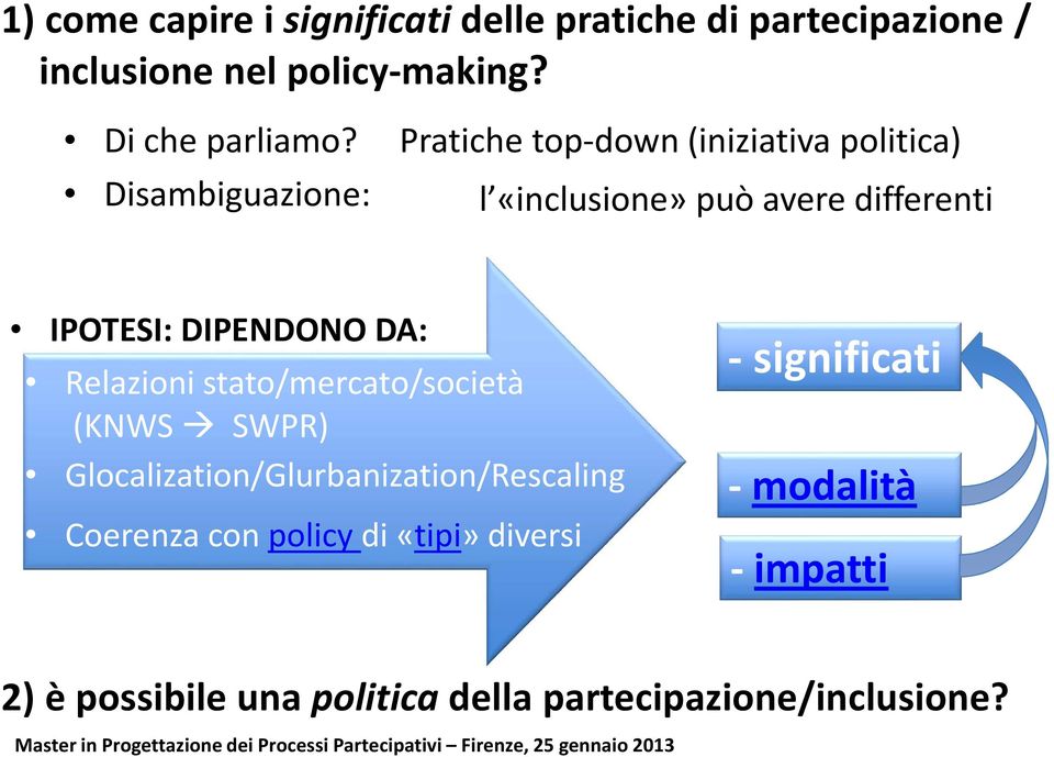 DIPENDONO DA: Relazioni stato/mercato/società (KNWS SWPR) Glocalization/Glurbanization/Rescaling Coerenza con