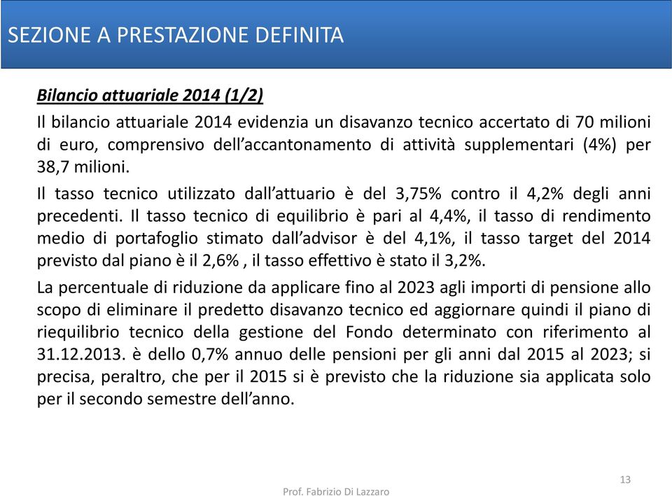 Il tasso tecnico di equilibrio è pari al 4,4%, il tasso di rendimento medio di portafoglio stimato dall advisor è del 4,1%, il tasso target del 2014 previsto dal piano è il 2,6%, il tasso effettivo è