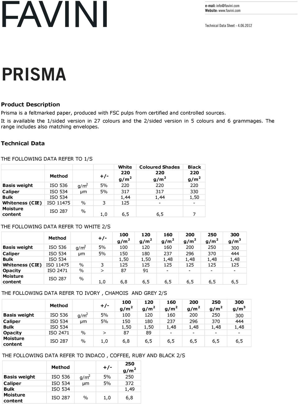 Technical Data THE FOLLOWING DATA REFER TO 1/S White Coloured Shades Black 220 220 220 g/m 2 g/m 2 g/m 2 Basis weight ISO 536 g/m 2 5% 220 220 220 Caliper ISO 534 µm 5% 317 317 330 Bulk ISO 534 1,44
