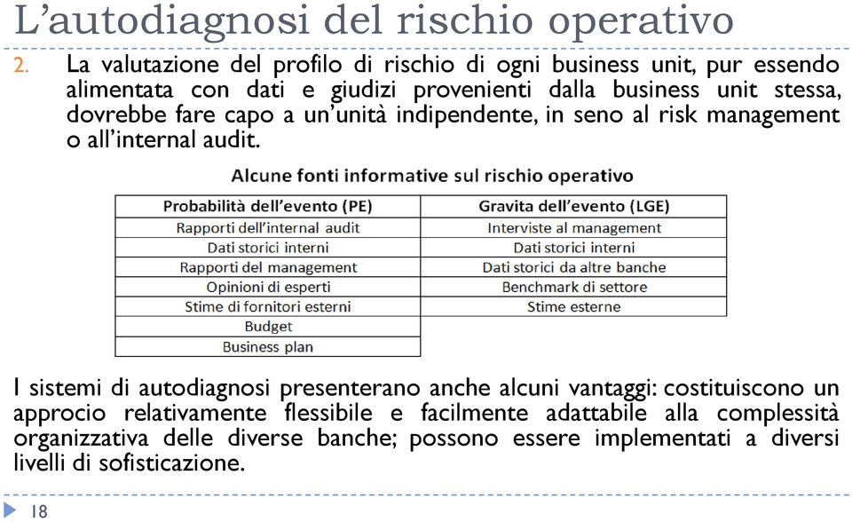 unit stessa, dovrebbe fare capo a un unità indipendente, in seno al risk management o all internal audit.