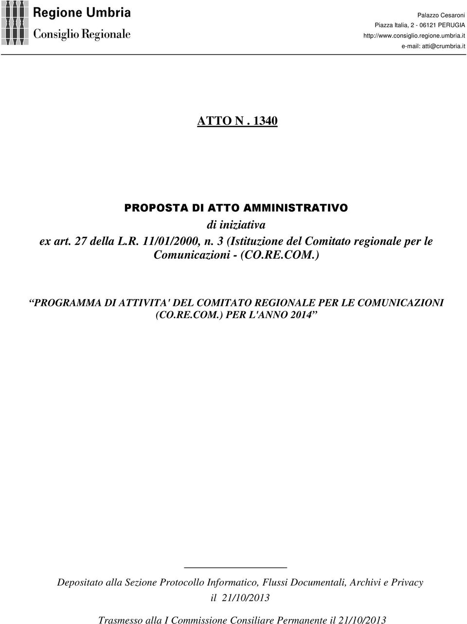 3 (Istituzione del Comitato regionale per le Comunicazioni - (CO.RE.COM.