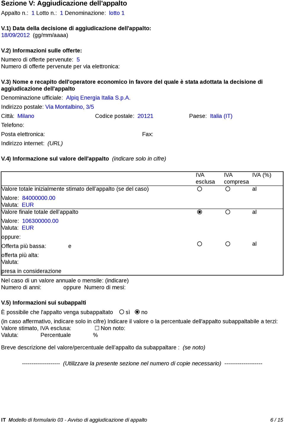 3) Nome e recapito dell'operatore economico in favore del que è stata adottata la decisione di aggiudicazione dell'appto Denominazione ufficie: Al