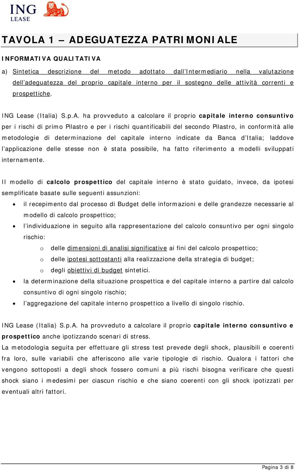 ha provveduto a calcolare il proprio capitale interno consuntivo per i rischi di primo Pilastro e per i rischi quantificabili del secondo Pilastro, in conformità alle metodologie di determinazione