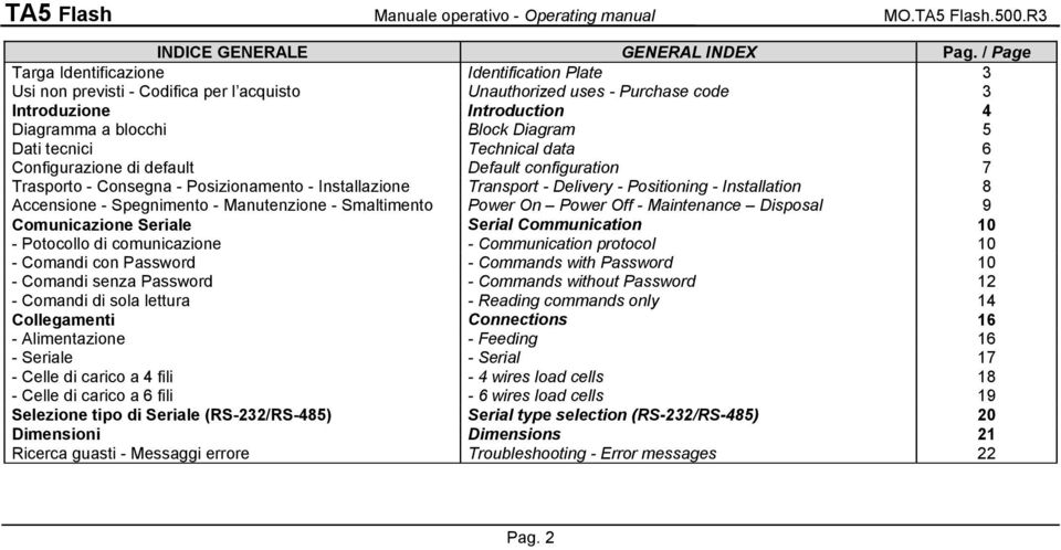 tecnici Technical data 6 Configurazione di default Default configuration 7 Trasporto - Consegna - Posizionamento - Installazione Transport - Delivery - Positioning - Installation 8 Accensione -