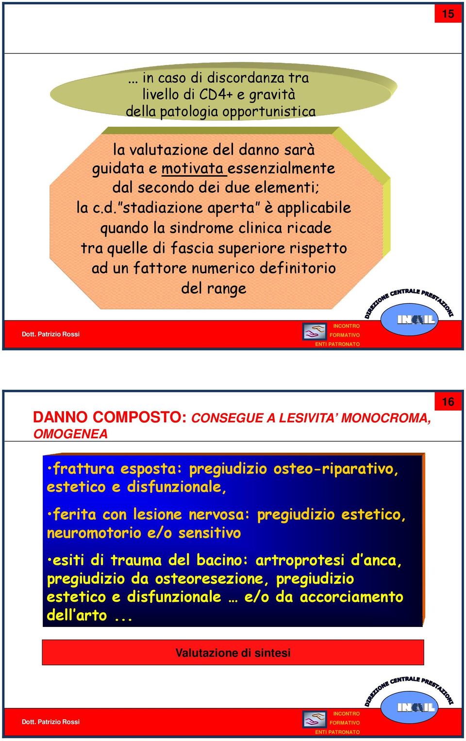 stadiazione aperta è applicabile quando la sindrome clinica ricade tra quelle di fascia superiore rispetto ad un fattore numerico definitorio del range 16 DANNO COMPOSTO: CONSEGUE A