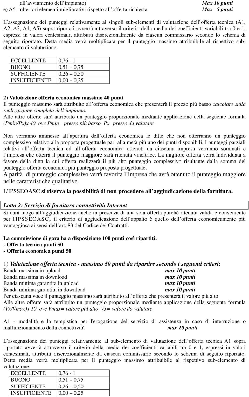 discrezionalmente da ciascun commissario secondo lo schema di seguito riportato.