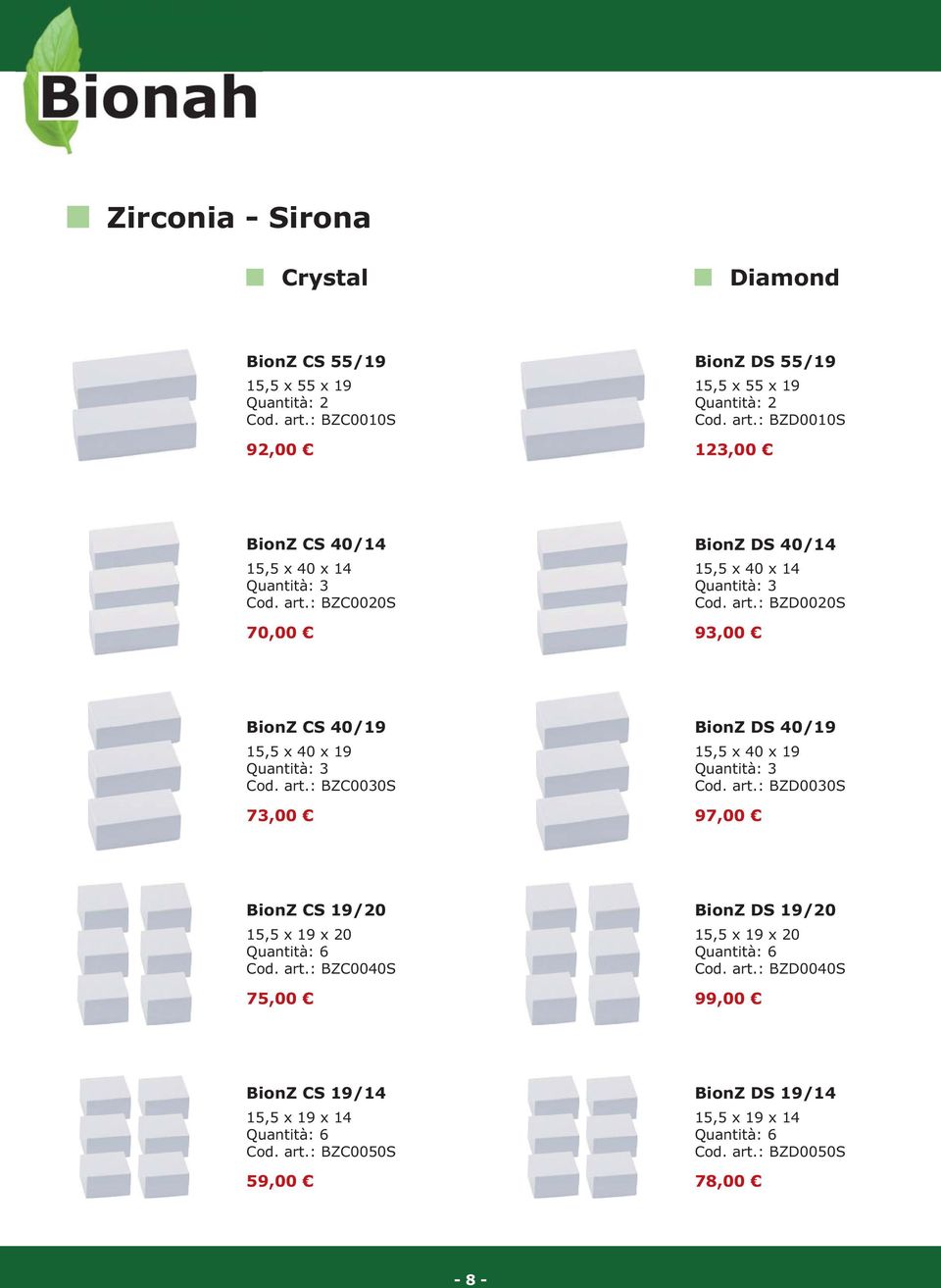 x 40 x 19 73,00 BionZ DS 40/19 15,5 x 40 x 19 97,00 BionZ CS 19/20 15,5 x 19 x 20 75,00 BionZ DS