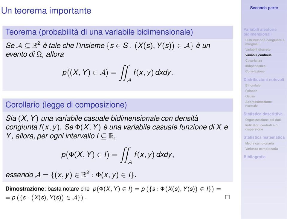Corollario (legge di composizione) Sia (X, Y) una variabile casuale bidimensionale con densità congiunta f(x, y).