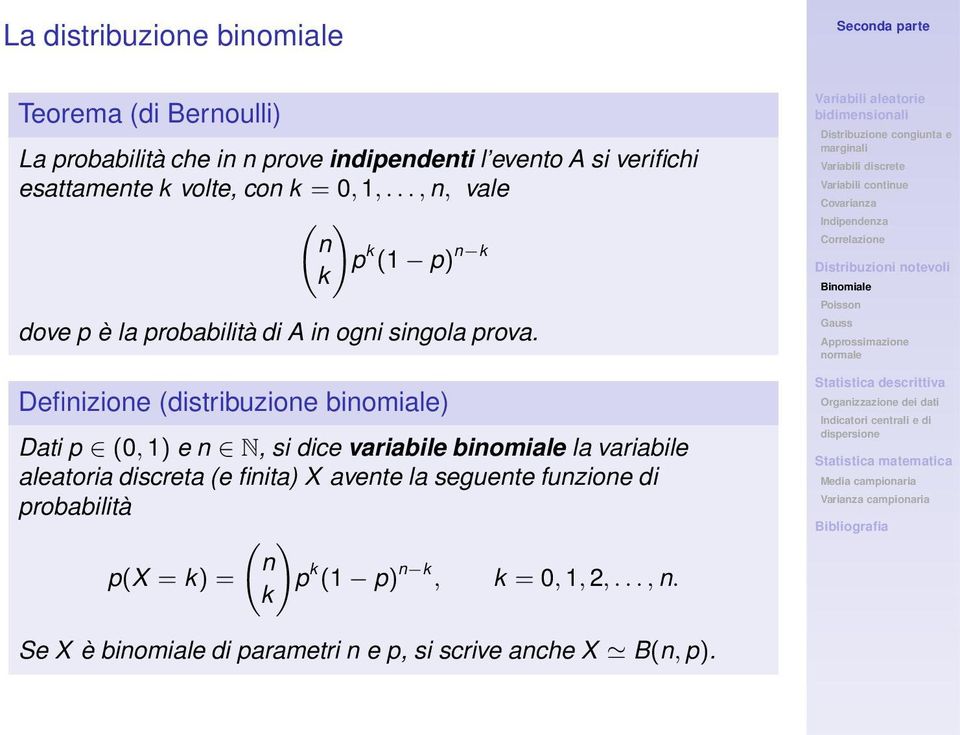 Definizione (distribuzione binomiale) Dati p (0, 1) e n N, si dice variabile binomiale la variabile aleatoria discreta (e finita) X
