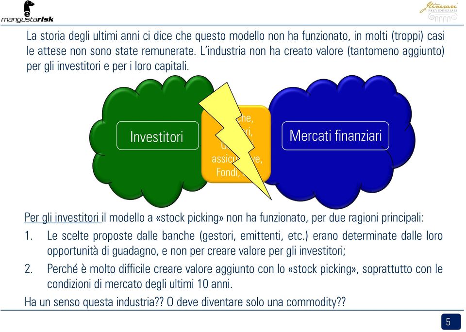 Investitori Banche, Gestori, Mercati finanziari Per gli investitori il modello a «stock picking» non ha funzionato, per due ragioni principali: 1.