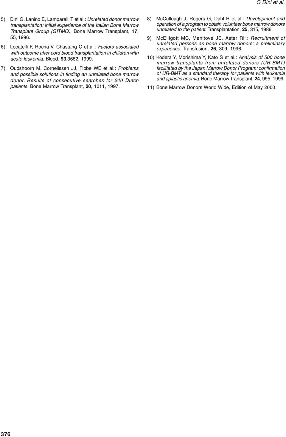 Blood, 93,3662, 1999. 7) Oudshoorn M, Cornelissen JJ, Fibbe WE et al.: Problems and possible solutions in finding an unrelated bone marrow donor.