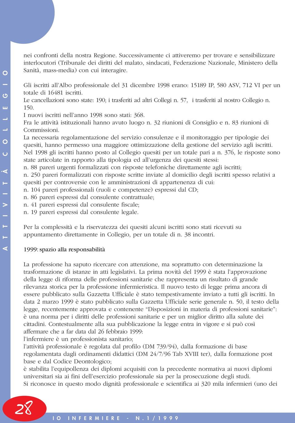 Gli iscritti all Albo professionale del 31 dicembre 1998 erano: 15189 IP, 580 ASV, 712 VI per un totale di 16481 iscritti. Le cancellazioni sono state: 190; i trasferiti ad altri Collegi n.