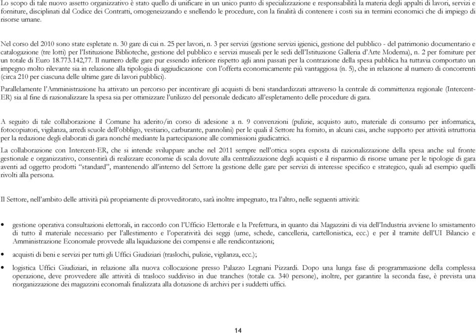 Nel corso del 2010 sono state espletate n. 30 gare di cui n. 25 per lavori, n.