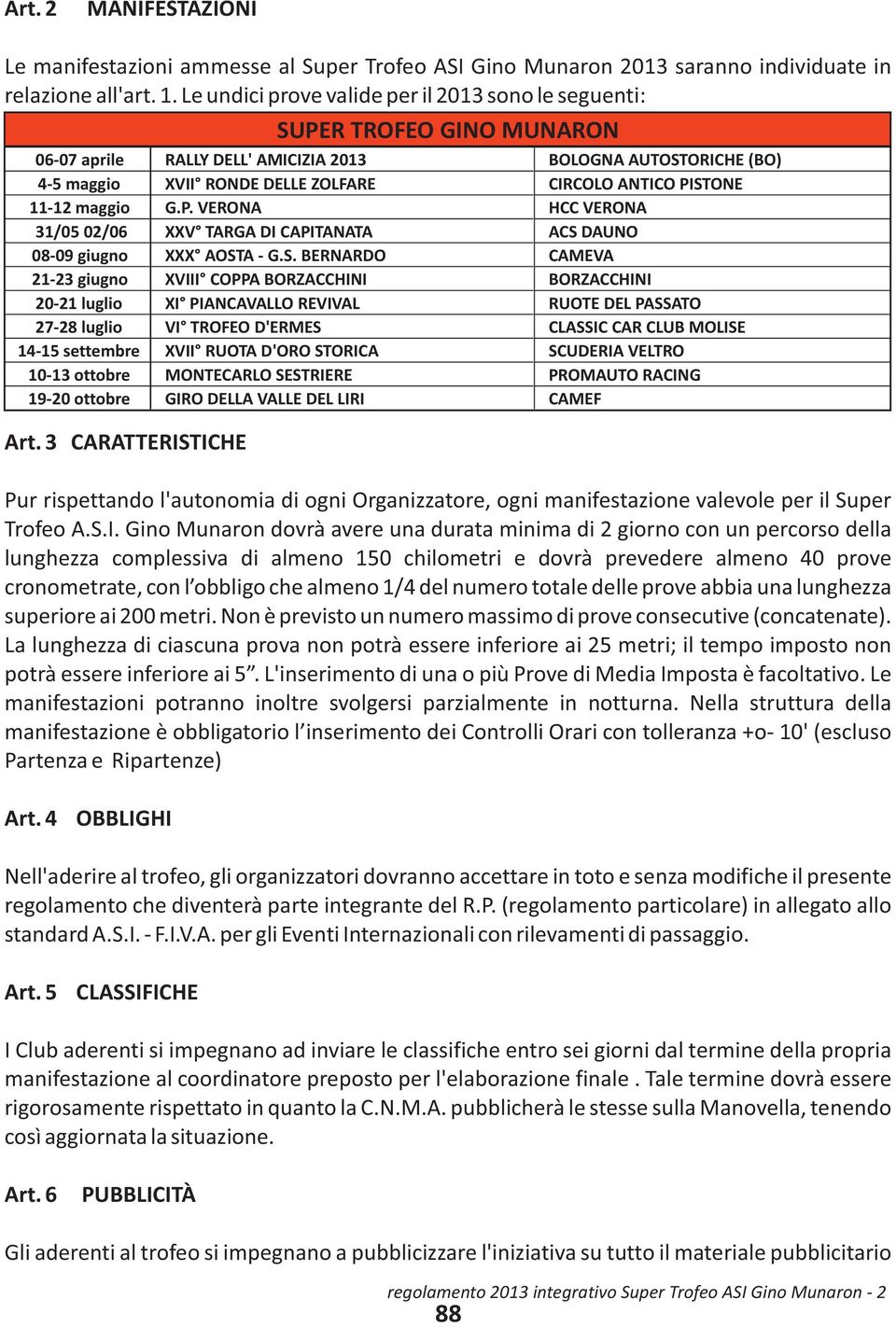 PISTONE 11-12 maggio G.P. VERONA HCC VERONA 31/05 02/06 XXV TARGA DI CAPITANATA ACS DAUNO 08-09 giugno XXX AOSTA - G.S. BERNARDO CAMEVA 21-23 giugno XVIII COPPA BORZACCHINI BORZACCHINI 20-21 luglio