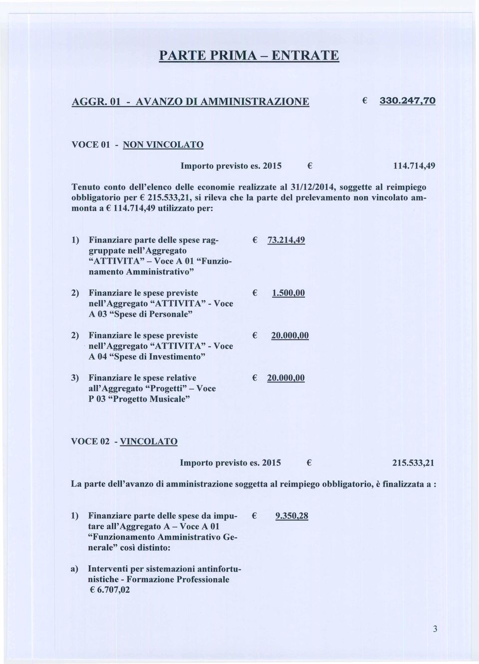 214,49 gruppate nell' Aggregato "ATTIVITA" - Voce A 01 "Funzionamento Amministrativo" 2) Finanziare Ie spese previste 1.