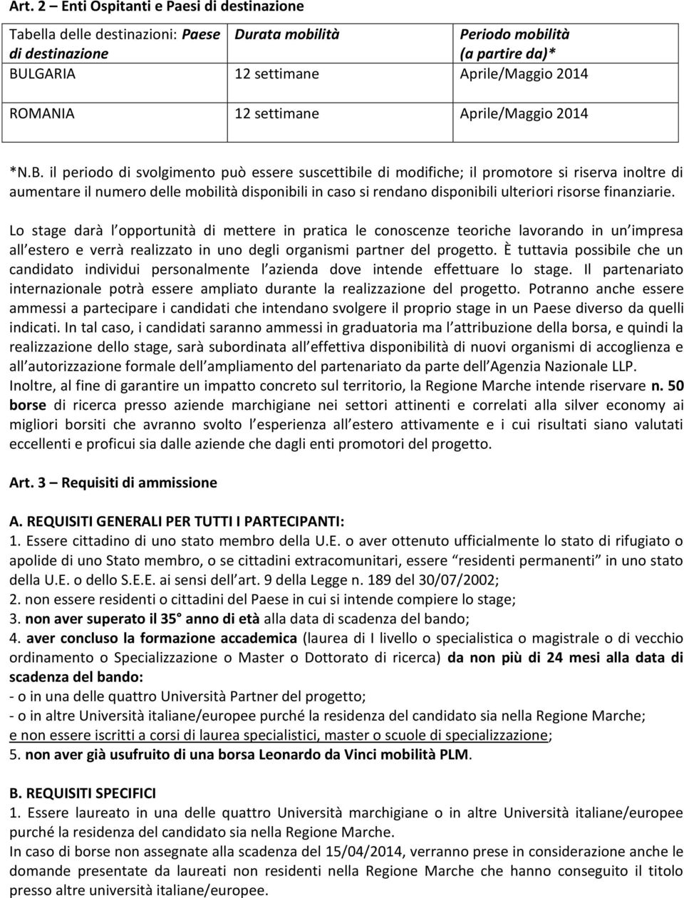 il periodo di svolgimento può essere suscettibile di modifiche; il promotore si riserva inoltre di aumentare il numero delle mobilità disponibili in caso si rendano disponibili ulteriori risorse