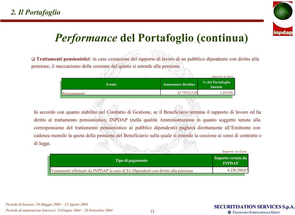 215,29 1,35316% In accordo con quanto stabilito nel Contratto di Gestione, se il Beneficiario termina il rapporto di lavoro ed ha diritto al trattamento pensionistico, INPDAP (nella qualità