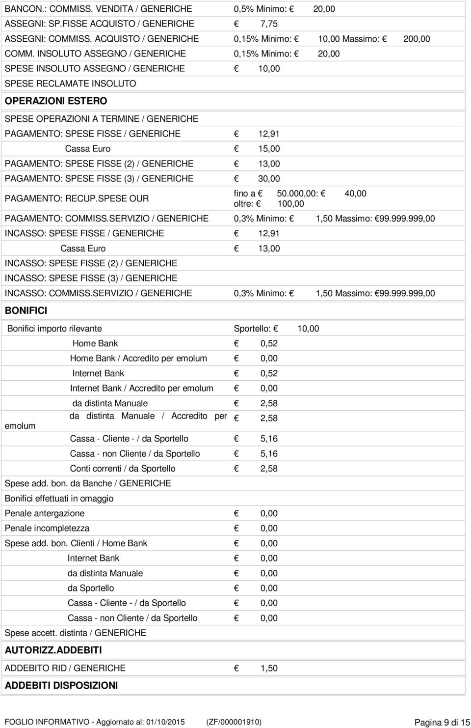 GENERICHE 12,91 Cassa Euro 15,00 PAGAMENTO: SPESE FISSE (2) / GENERICHE 13,00 PAGAMENTO: SPESE FISSE (3) / GENERICHE 30,00 PAGAMENTO: RECUP.SPESE OUR fino a 50.