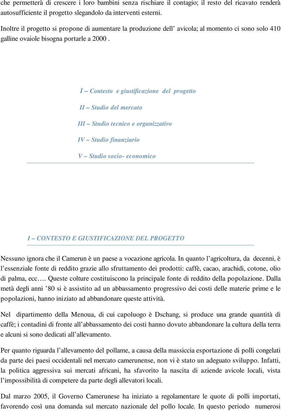 I Contesto e giustificazione del progetto II Studio del mercato III Studio tecnico e organizzativo IV Studio finanziario V Studio socio- economico I CONTESTO E GIUSTIFICAZIONE DEL PROGETTO Nessuno