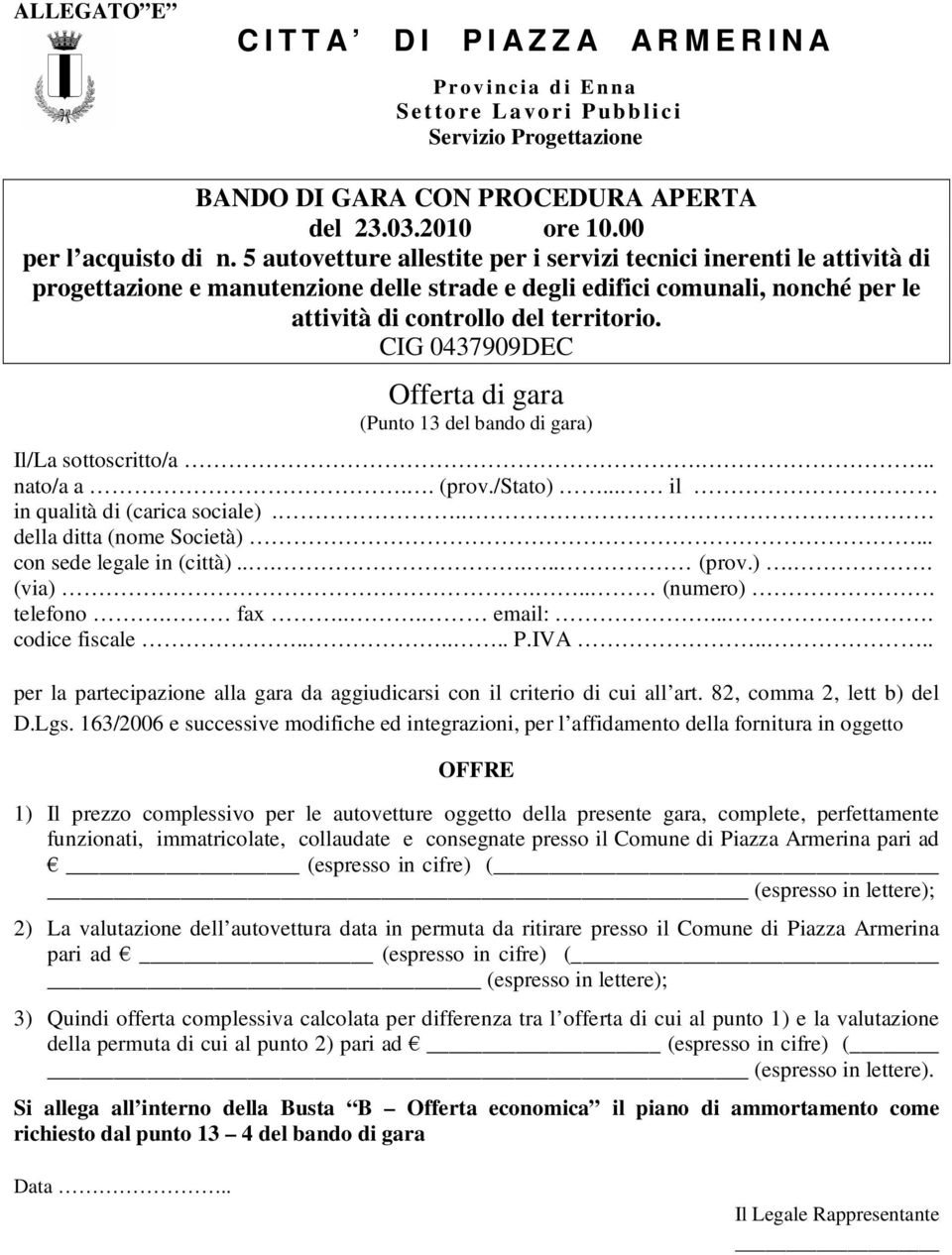 5 autovetture allestite per i servizi tecnici inerenti le attività di progettazione e manutenzione delle strade e degli edifici comunali, nonché per le attività di controllo del territorio.